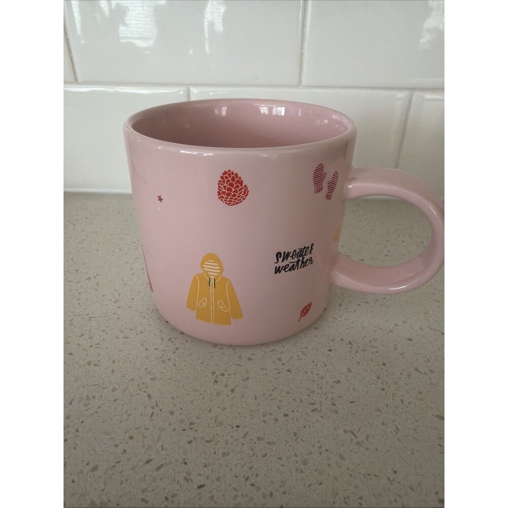 Starbucks 2018 Ban-Do 12 oz coffee tea cup mug PINK "sweater weather, stay cozy"